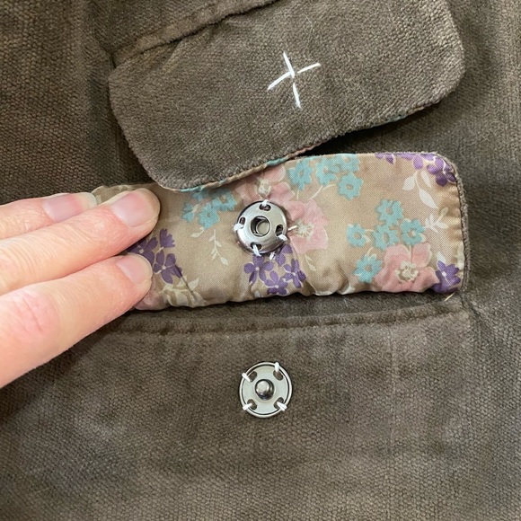 Equestrian Sz Lg Jr Brown Twill Floral Lined Jacket Snap Pockets Frayed Wrists - Picture 6 of 11
